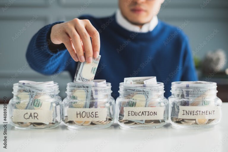 Hand's man putting money in jar for future, money plan, save money and management concept